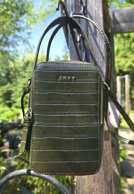 DKNY Stacey NS Phone Crossbody Green Faux Leather Purse Bag Small Rectangle