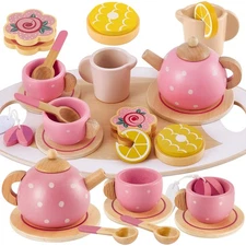Kids Wooden Tea Party Set for Little Girls Toddler Pretend Play Food Kitchen ...