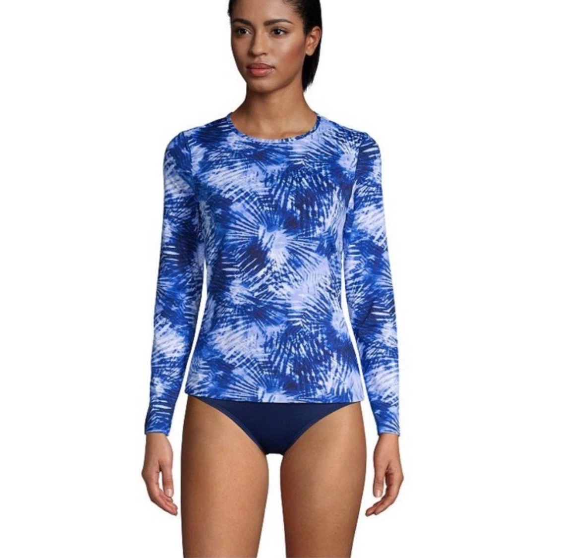 Women's Lands' End UPF 50 Long Sleeve Rash Guard Blue Palm Print