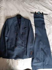 Blue Double Breasted Suit Prince Of Wales Check, Jacket 42r Trousers 34r