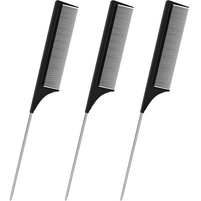 3 Pack Hair Rat Tail Combs Set, Parting Rattail, Teasing Fine Tooth Comb, Metal