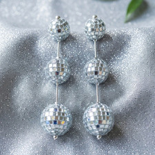 BNWT M&S Silver Mirror Disco Ball Statement Drop Earrings Y2K Festival Party