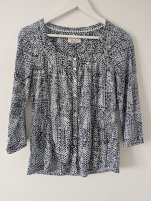 Per Una Bluse 3/4 Arm Rundhals Knopfleiste grau/blau Größe 10 Baumwollmischung