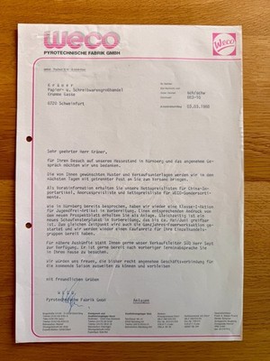 WECO Feuerwerk Brief Anschreiben ''Nettopreislisten'' 1988 Silvester Pyro