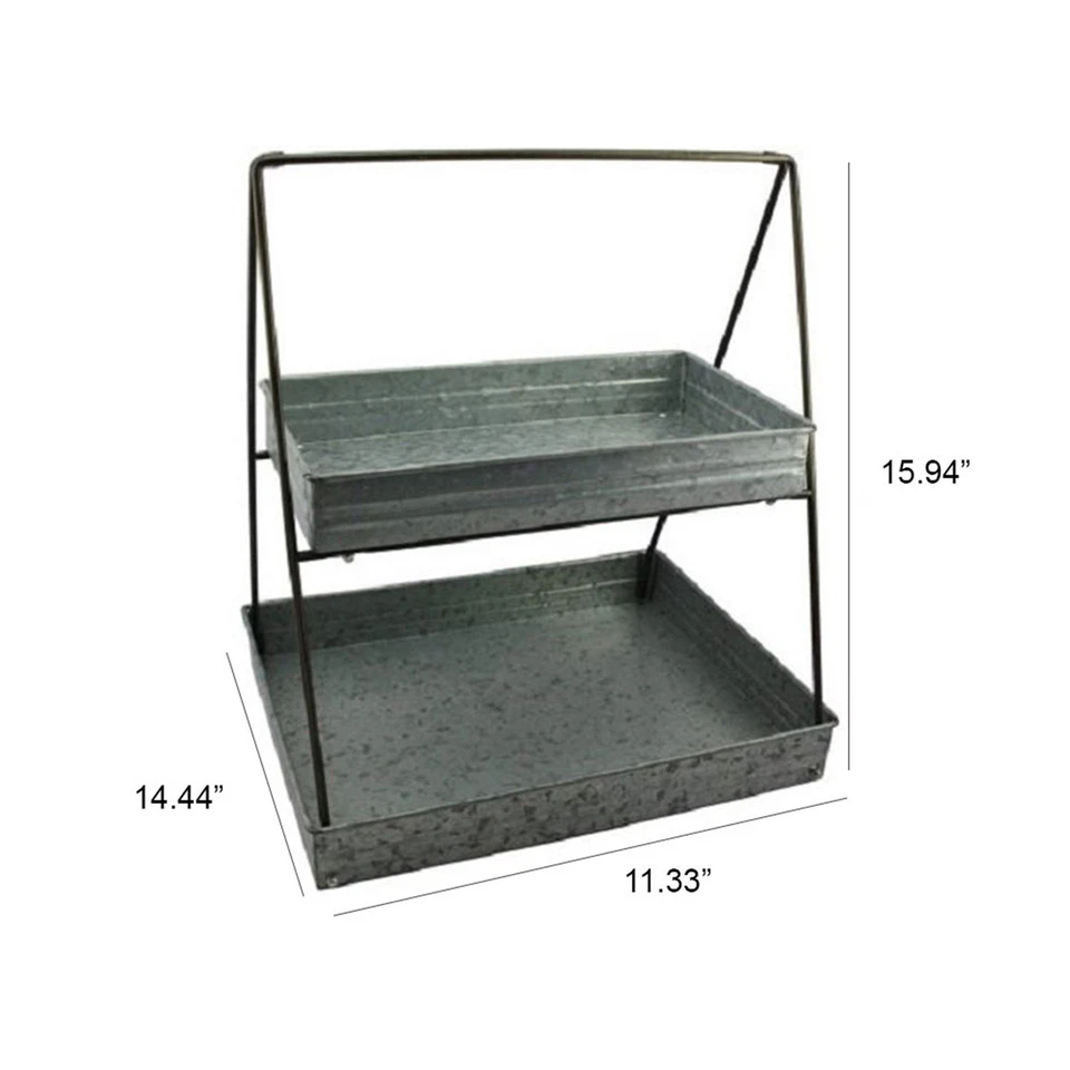 Benzara Galvanized Metal 2 Tiered Rectangular Serving Tray, Gray Gray - Image 2 of 3
