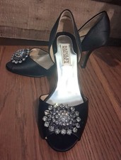 Badgley Mischka Black Satin Rhinestone Heels Peep Toe D  Orsay Pumps Event Sz 6.5