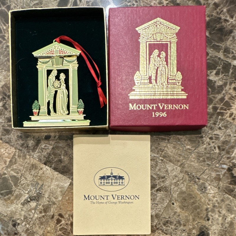 Mount Vernon 1996 Mount Vernon Gold Red Green Metal Hanging Ornament w/ Box