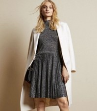 Ted Baker Noaleen High Neck Knit Gunmetal Silver Dress Sz. 4 Midi Pleated 