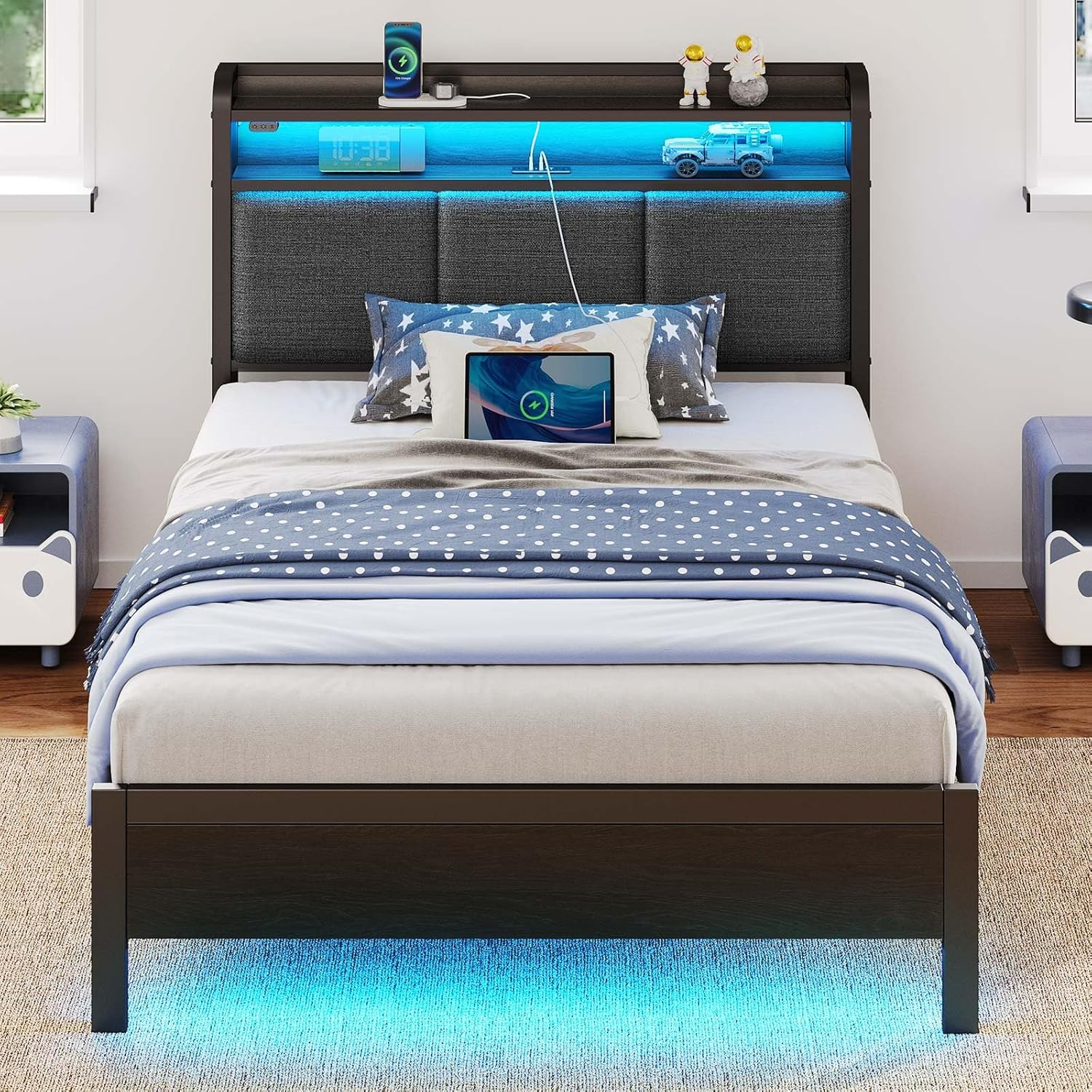 Bed Frame Twin Size with Charging Station and LED Lights Upholstered Headboard-image