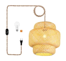 Plug in Pendant Light Rattan Hanging Lights with Plug in Cord Bamboo Hanging ...