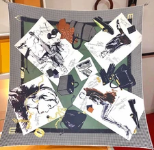14 Momme Twill Silk Mulberry Neckerchief 35'' Scarf Squre wrap Green Bag Print