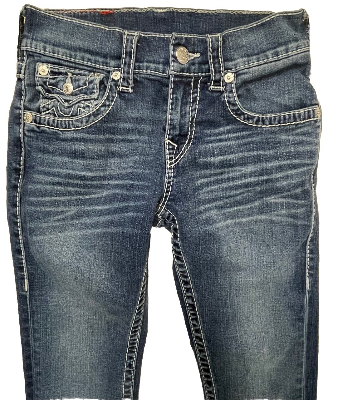 True Religion Women 28 Big T Skinny Low Rise Flap Jeans White Stitching EUC