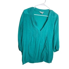 Counterparts Blouse Women's Large V-Neck 3/4 Sleeve Pleated Sheer Career Top