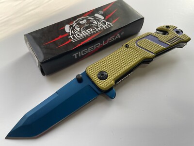 Tiger-USA 8'' Spring Assisted Folding Knife Blue Serrated Tanto SJ-1002-E