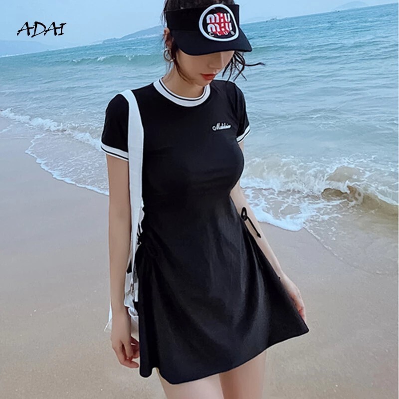 Cute Swimsuit Women Swimwear Girl Korean Style O Neck 2 Piece Sets Strap Waist L-image