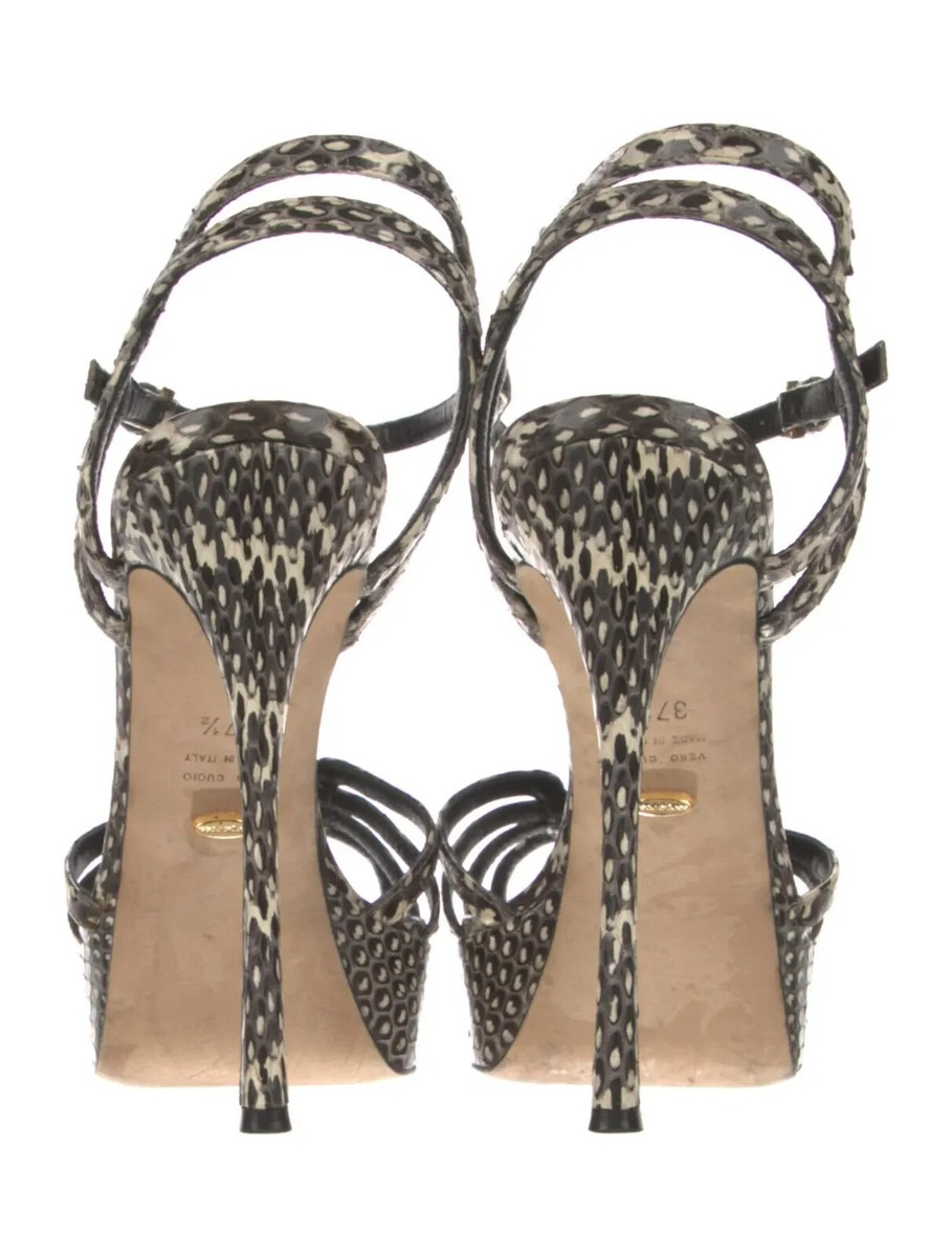Sergio Rossi::サンダル:37 1/2[RESALE] SERGIO ROSSI Black Snakeskin Animal Print T-Strap Sandals