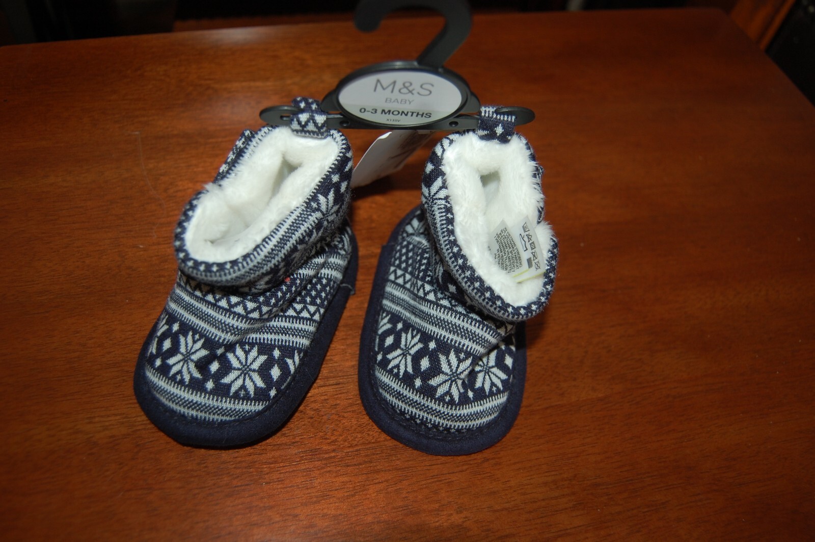 M&S Winter Bootees Pram Shoes Navy & White Faux Fur Lined 0-3 Months BNWT