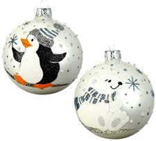 Penguin and Polar Bear Blown Glass Ornaments - 2 European Glass Ball Ornaments