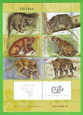 2001 FELINES WILD CAT STAMP SHEET of 6 OCELOTE PUMA JAGUAR GATO MONTES HUINA MNH