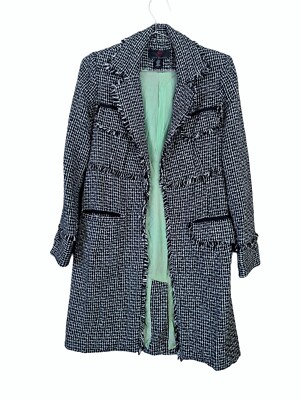 Vintage True Meaning Long Tweed Black & White Woven Fringed Pockets Coat Size 0