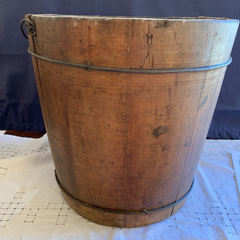 Antique Large Primitive Wooden Bucket Pail Metal Bands Water Bucket