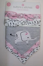 Girls Buttons & Stitches 5 Pc Elephant Safari Headbands and Bibs Set 0-6M