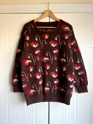 Vintage Atemberaubender Blumen Handgestrickter Wollpullover Pullover M L
