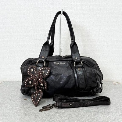 Miu Miu Mini Boston Bag Shiny Leather Flower Studs Charm