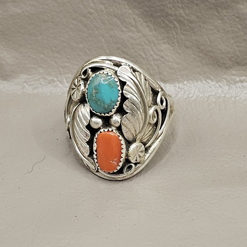 NEW! Navajo made sterling silver ring with turquoise and coral-Size 12.5-Signed