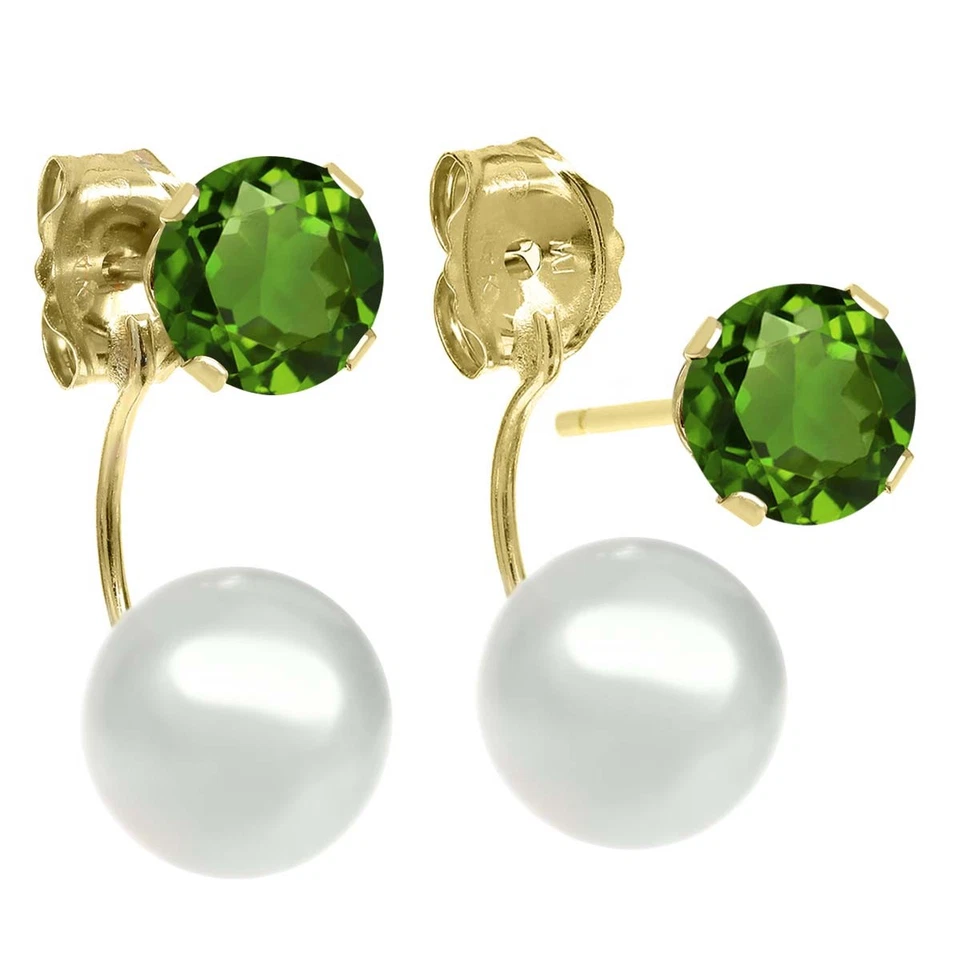 Pendientes Oro Amarillo 14k 5 mm Diópsido Cromo Verde con 6mm Cultivado Foto 2 de 2