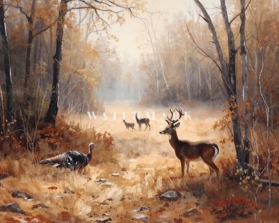 Deer Turkey Forest Oil Painting Print Wildlife Woodland Landscape Wall Art Rusti
