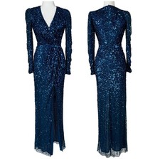 Mac Duggal NWT Sequin & Bead Stripe Long Sleeve Mesh Gown Faux Wrap Size 2 Blue