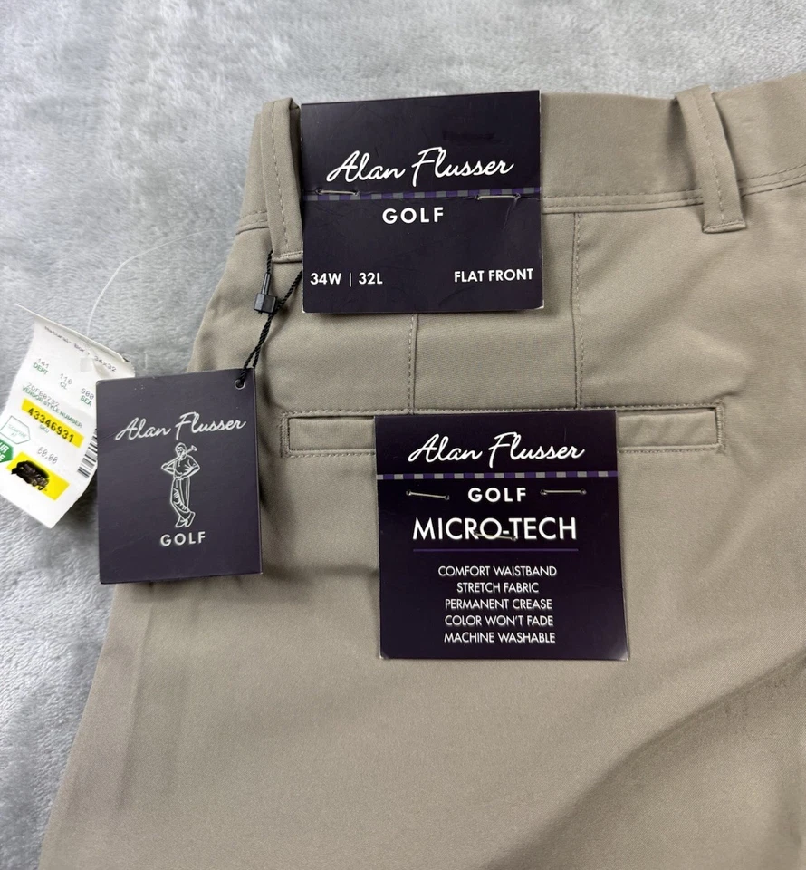 Alan Flusser Golf Pants 34x32 Micro-Tech Flat Front Khaki NWT Read - Image 4 of 4