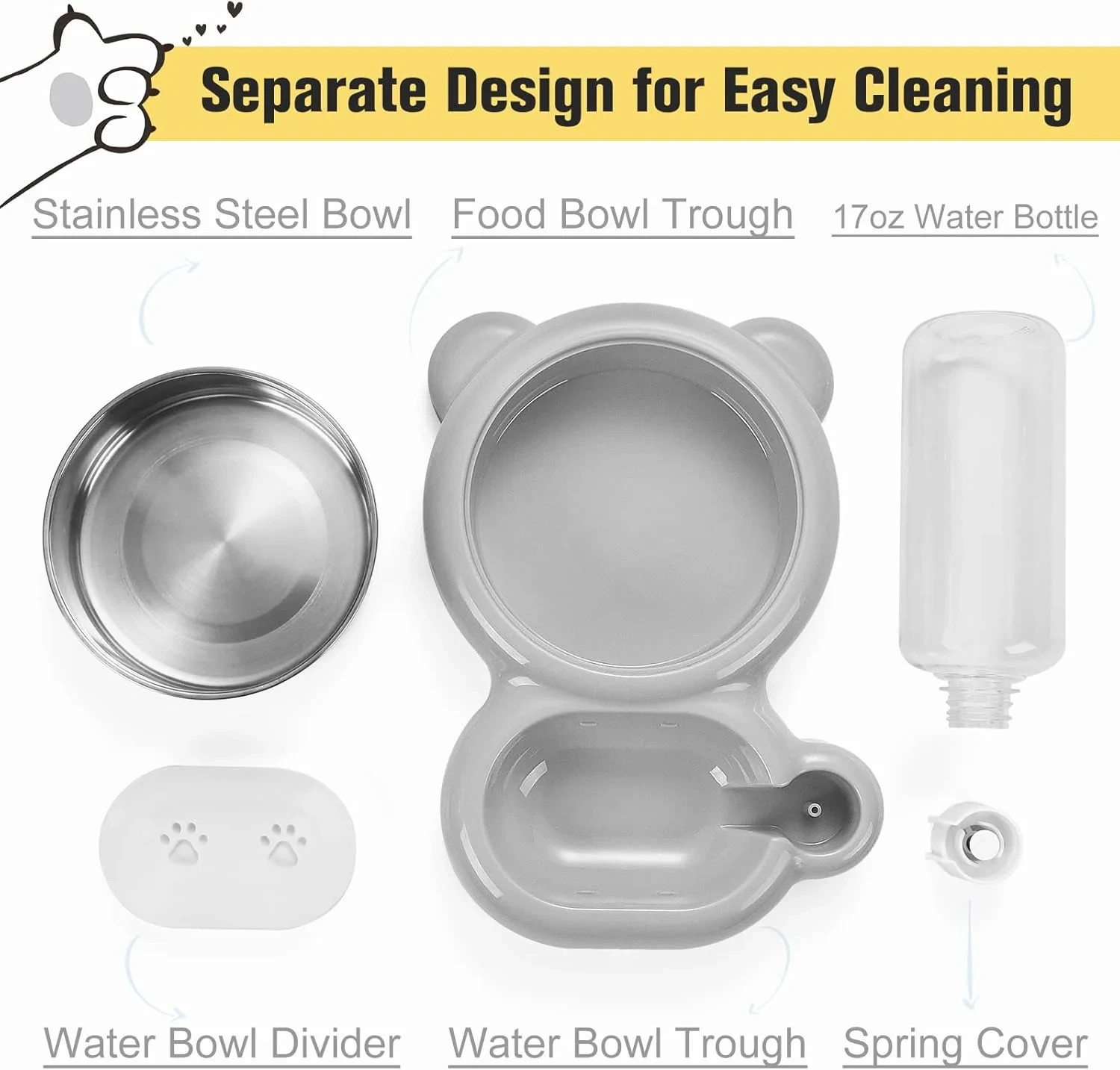 Dog & Cat Food and Water Bowl Set with Water Dispenser and Stainless Steel Bowl