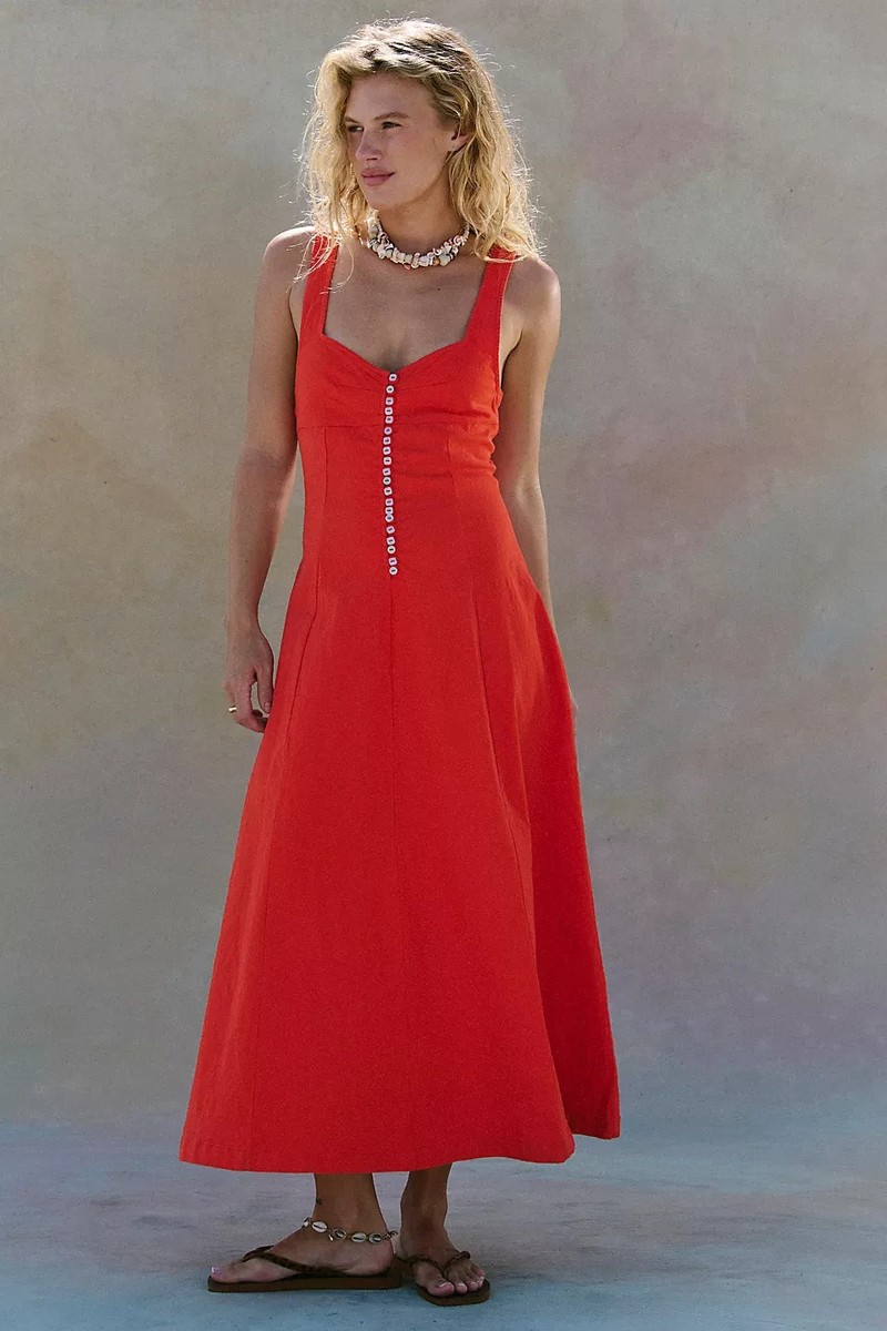 Free People Women's Holland Stretch Linen Midi Dress - No Import Fees