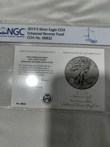 2019-S $1 American Silver Eagle 1 oz UNC | NGC Enhanced Rev PR70 with framed COA