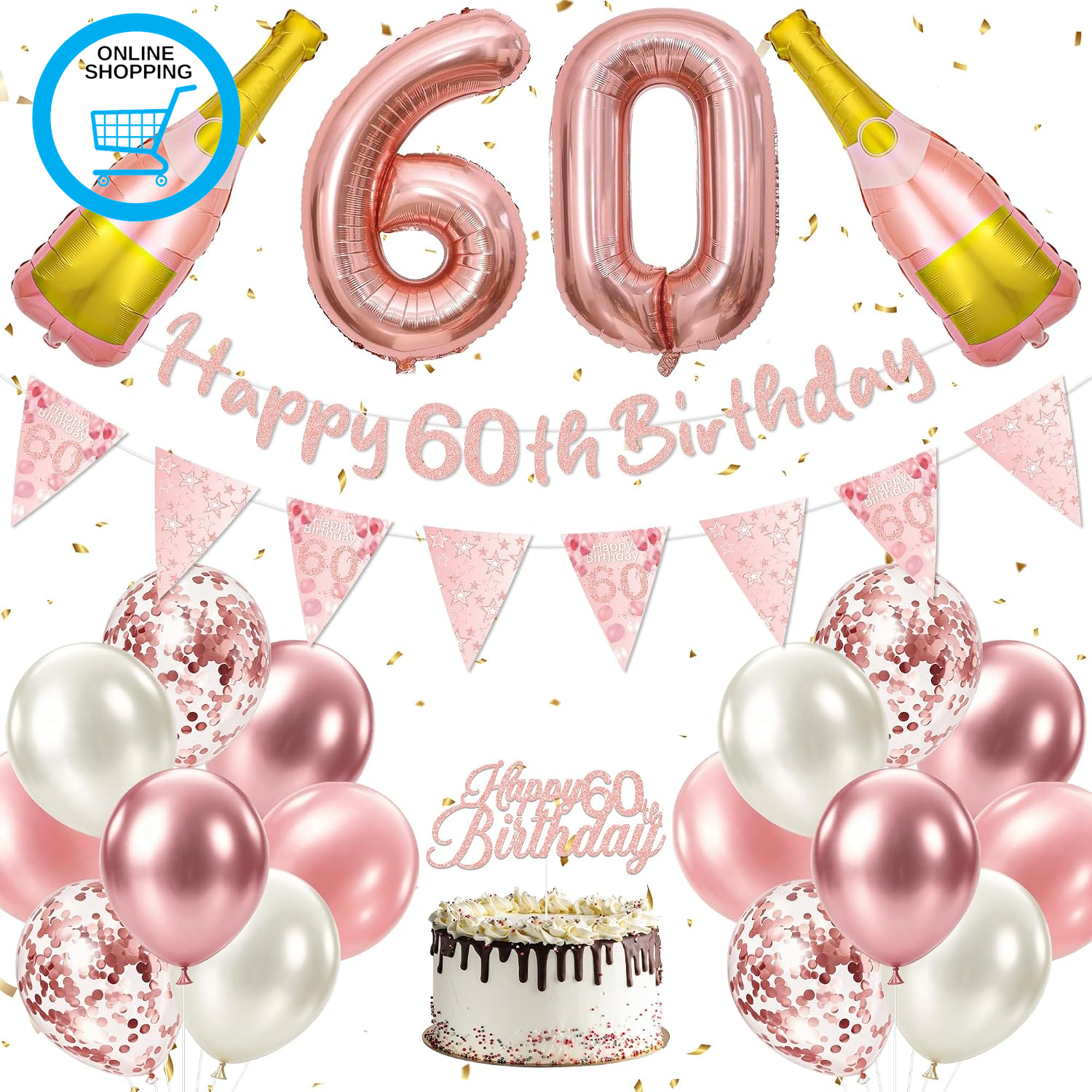 60Th Birthday Decorations for Women, Rose Gold Party Supplies Banner Balloons Ca