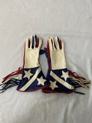 Leather Western Rodeo Gauntlet Gloves - Red White Blue Stars & Fringe