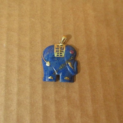SCHÖNER Vintage 14k Gelbgold natürlicher Lapislazuli handgeschnitzter Stein Elefant Anhänger