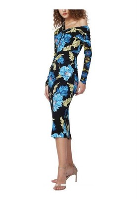 $400 Diane Von Furstenberg Rich Long Sleeve  Floral Midi Dress Black Teal S