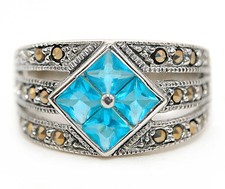 1CT Natural Blue Topaz  Swiss Marcasite 925 Sterling Silver Ring Sz 6,8 ZB6