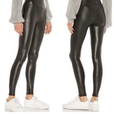 Spanx Faux Leather Leggings SZ S BLK Mid Rise Sheen Stretch Support Biker Punk