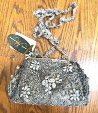 MARY FRANCES Heavily Embellished Hardcase Beaded Silver Purse Bag 198 NWT