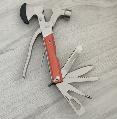 Hammer-Multitool Holzgriff 6-tlg. mit Zange Messer Säge Feile Etui 16,5cm