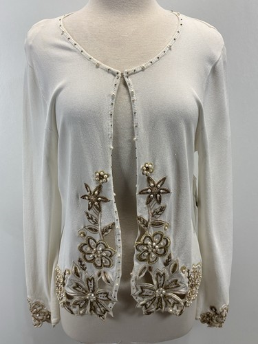 NEW! Vtg Just B Cardigan Sz Large Women’s Ivory Beaded Embroidered Embellished