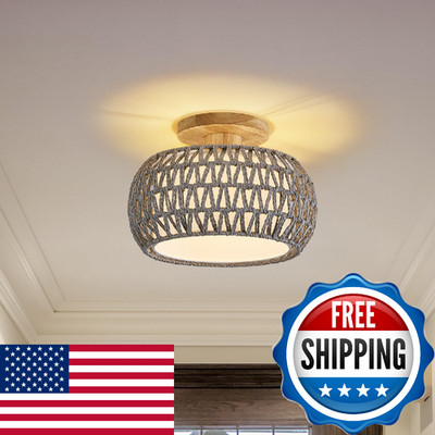 Boho Rattan Ceiling Light Fixture - 3 Style Options Wicker Semi Flush Mount Ceil