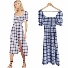 Reformation Marabella Blue White Gingham Plaid Puff Sleeve Linen Dress XS