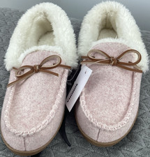 Sonoma Women's Moccasin Slippers Pink Faux Fur Lined Bow Slip-On Size 7-8