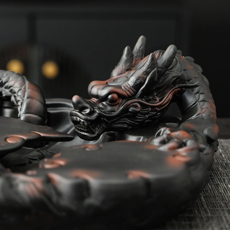 Handmade Carve Dragon Embossed Ceramic Tea Tray For Pot Cup Pottery Serving Tray - Image 4 of 4