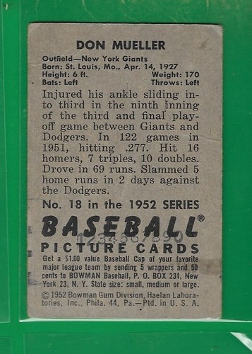 1952 Bowman #18 Don Mueller (G) New York Giants - 第 2/2 張圖片